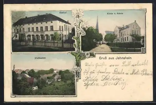 AK Jahnshain, Gasthof, Kirche und Schule, Dorfansicht