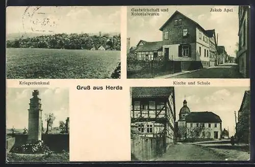 AK Herda, Gasthaus und Kolonialwarengeschäft Jakob Apel, Kirche und Schule, Kriegerdenkmal