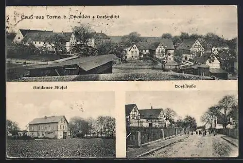 AK Torna b. Dresden, Gasthaus Goldener Stiefel, Dorfstrasse, Dorfansicht
