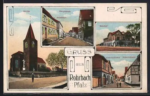 AK Rohrbach /Pfalz, Strasse Schmiedegasse mit Gemeindehaus, Bahnhof, Hauptstrasse mit Schulhaus