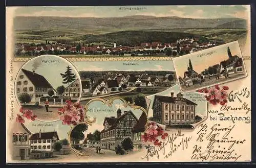 Lithographie Maubach b. Backnang, Schulhaus, Gasthaus in Cottenweiler, Strassenpartie in Heiningen