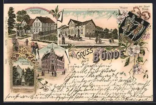 Lithographie Bünde, Wappen der Stadt, Naturheilbad Brunnen, Stadtgarten, Postamt