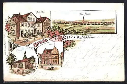 Lithographie Münder a. Deister, Hotel Behn, Post, Kirche