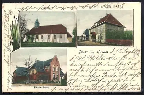 AK Husum / Nienburg, Küsterhaus, Kirche, Pfarrhaus