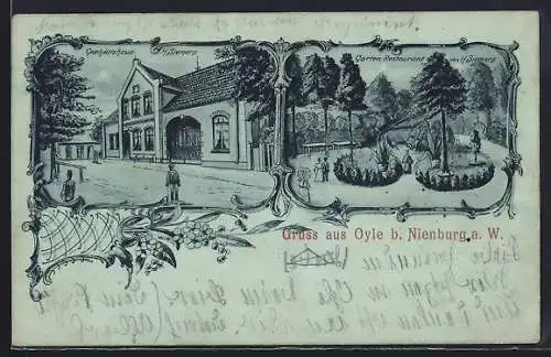 Mondschein-Lithographie Oyle b. Nienburg, Geschäftshaus und Garten-Restaurant von H. Siemers