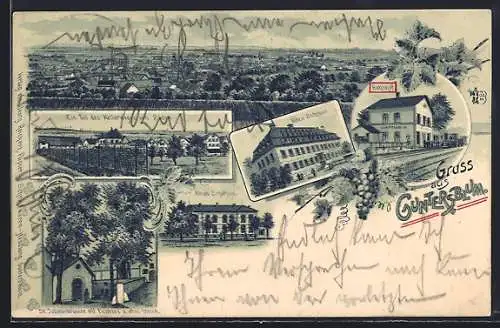 Lithographie Guntersblum, Bahnhof, Altes Schloss, Neues Schulhaus