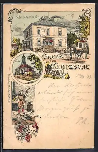 Lithographie Dresden-Klotzsche, Gasthaus Schmiedeschänke, Bes. Paul Hykal