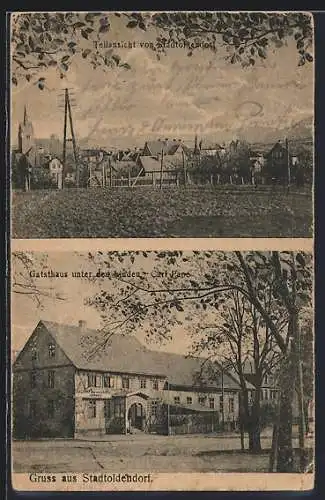 AK Stadtoldendorf, Gasthaus unter den Linden, Teilansicht der Ortschaft