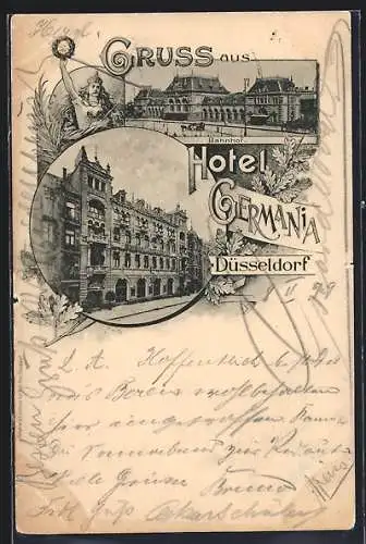AK Düsseldorf, Hotel Germania, Bahnof, Passepartout mit Eichenzweig