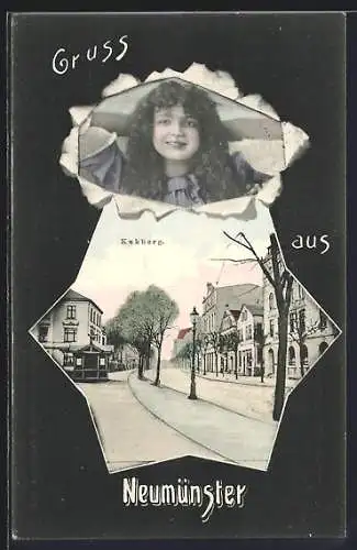 AK Neumünster, Strasse Kuhberg, Portrait eines Mädchen's