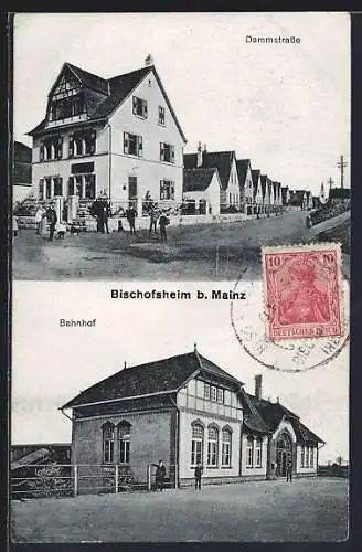 AK Bischofsheim / Hessen, Bahnhof mit Passanten, Dammstrasse mit Leuten