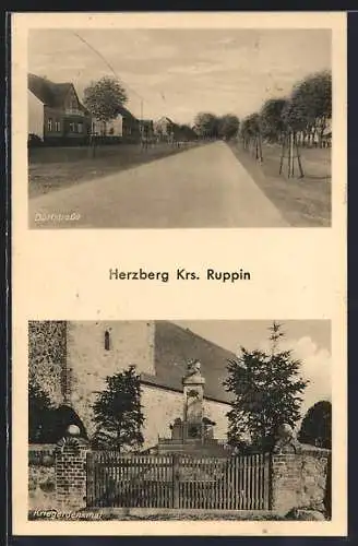 AK Herzberg /Ruppin, Dorfstrasse und Kriegerdenkmal