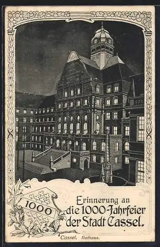 AK Kassel, Tausendjahrfeier, Rathaus bei Nacht