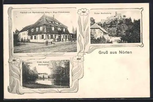 AK Nörten, Gasthof zum Hardenberger Krug von Hugo Fleischmann, Ruine und Gräfl. Schloss