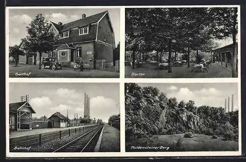 AK Muldenstein, Gasthof zur Eisenbahn, Bes. Otto Rickelt, Bahnhof und Muldensteiner Berg