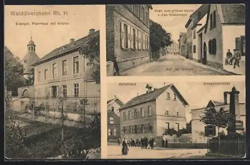AK Waldülversheim /Rh. H., Restaurant zum grünen Baum von Joh. Grassmann, Schulhaus und Evang. Pfarrhaus