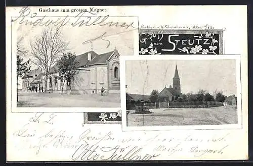 AK Steutz, Gasthaus zum grossen Magnet, Kirche
