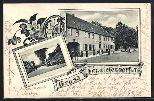 AK Neudietendorf, Am Gasthaus der Brüdergemeinde und Strassenpartie