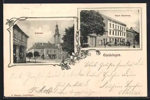 AK Gardelegen, Hotel Stadt Hamburg, Strassenpartie am Rathaus