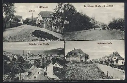 AK Gittersee, Dresdener Strasse mit Gasthof, Schule, Potschappeler Strasse und Eigenheimstrasse