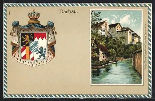 Lithographie Dachau, Wasserpartie im Ort und Wappen