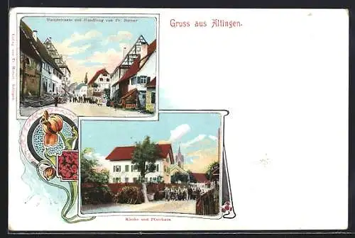 AK Altingen, Haupstrasse und Handlung von Fr. Berner, Kirche und Pfarrhaus