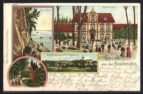 Lithographie Frankfurt a. Oder, Gasthaus Buschmühle, Steile Wand, Buschmühlenweg mit Wasserturm, Schwedeneiche