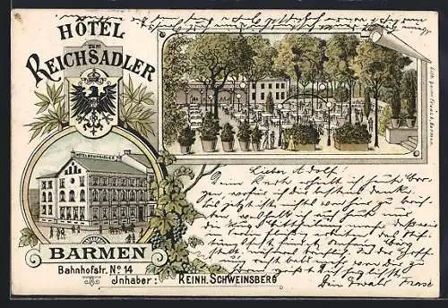 Lithographie Barmen, Hotel zum Reichsadler, Bahnhofstrasse No. 14, Garten und Wappen