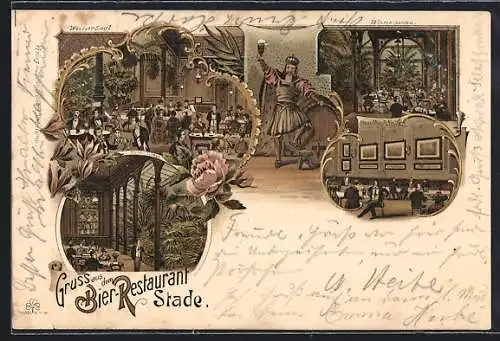 Lithographie Stade, Bier-Restaurant Stade, Wintergarten, Weisser Saal