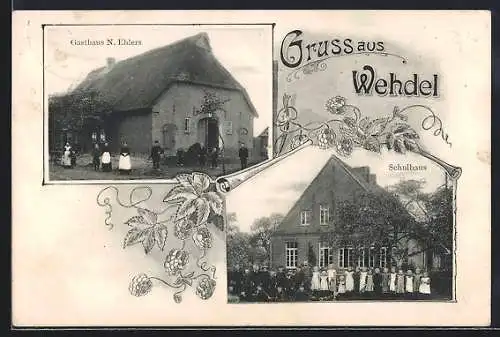 AK Wehdel / Wesermünde, Gasthaus N. Ehlers, Schulhaus