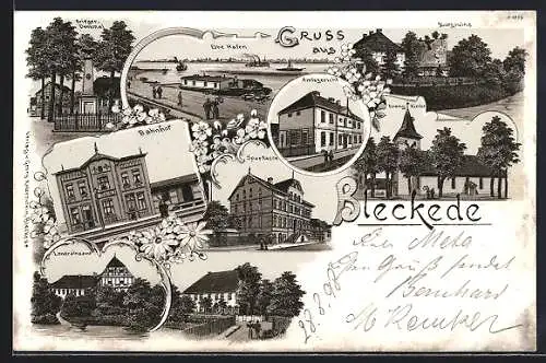 Lithographie Bleckede, Bahnhof, Burgruine, Krieger-Denkmal, Landratsamt