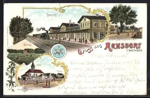 Lithographie Arnsdorf i. Sachsen, Bahnhof, Rehwiese, Kirche und Schule