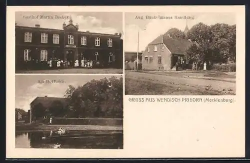 AK Wendisch Priborn / Mecklenburg, Gasthaus Martin Becker, Handlung von Aug. Bunkelmanns, Teich