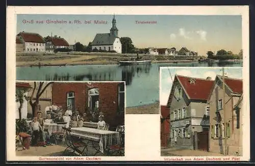 AK Ginsheim a. Rh., Restaurant von Adam Dauborn mit Gartenansicht und Post