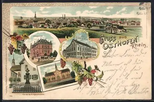 Lithographie Osthofen / Rhein, Hôtel und Restaurant zum Bahnhof, Amtsgericht, Turnhalle