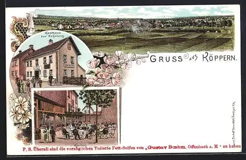 Lithographie Köppern, Gasthaus zur Erholung mit Garten und Ortsansicht