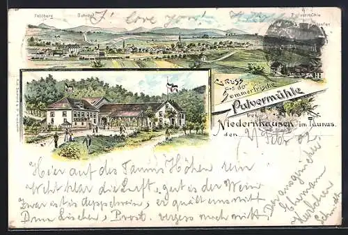 Lithographie Niedernhausen / Taunus, Pulvermühle, Bahnhof, Feldberg, Staufen