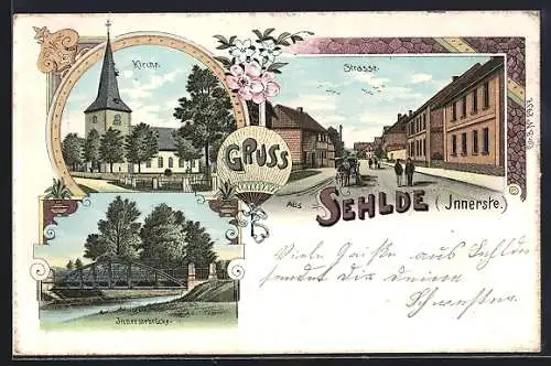 Lithographie Sehlde /Innerste, Strassenpartie, Kirche, Innerstebrücke