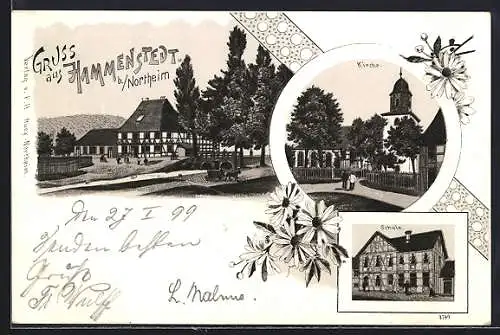 Lithographie Hammenstedt, Ortsansicht, Kirche, Schule