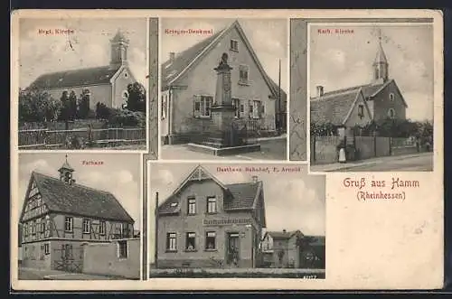 AK Hamm /Rheinhessen, Gasthaus Bahnhof, Inh. F. Arnold, Rathaus, Kriegerdenkmal, Evgl. und Kath. Kirchen