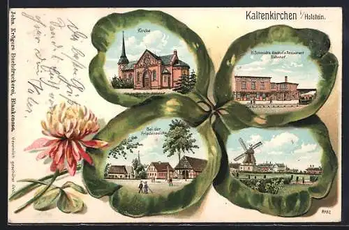 Passepartout-Lithographie Kaltenkirchen, Kirche, Friedenseiche, Bahnhof, Windmühle, Kleeblatt