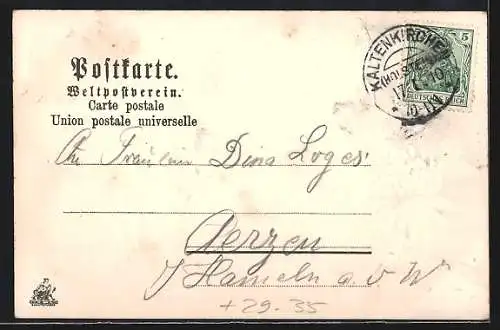 Passepartout-Lithographie Kaltenkirchen, Kirche, Friedenseiche, Bahnhof, Windmühle, Kleeblatt