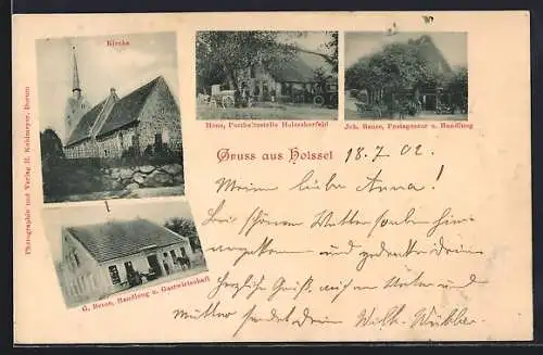 AK Holssel, Gasthof und Handlung G. Bense, Postagentur u. Handlung Joh. Bense, Posthaltestelle Holsseherfeld