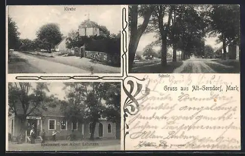 AK Altgersdorf i. Mark, Kirche, Gasthaus Lehmann, Schule
