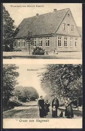 AK Hagenah, Gasthaus H. Hastedt, Dorfstrasse mit Anwohnern