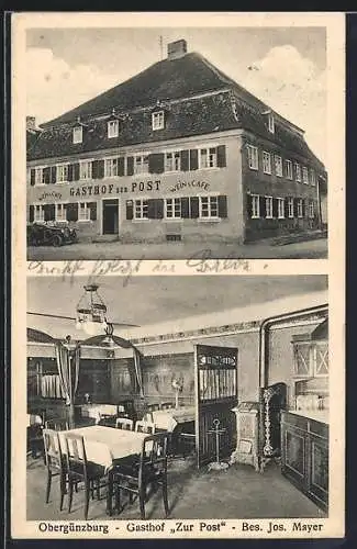 AK Obergünzburg, Gasthof Zur Post von Jos. Mayer mit Innenansicht