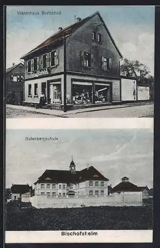 AK Bischofsheim / Hessen, Warenhaus Burtschell, Gutenbergschule