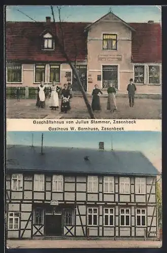 AK Zasenbeck, Gasthaus W. Bernhuse, Geschäftshaus von Julius Stammer