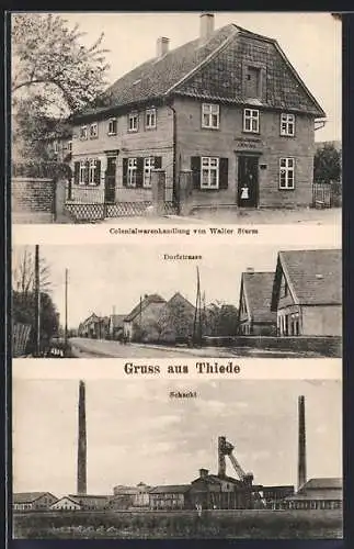 AK Thiede, Schacht vom Salzbergwerk, Dorfstrasse mit Bürgerhäusern