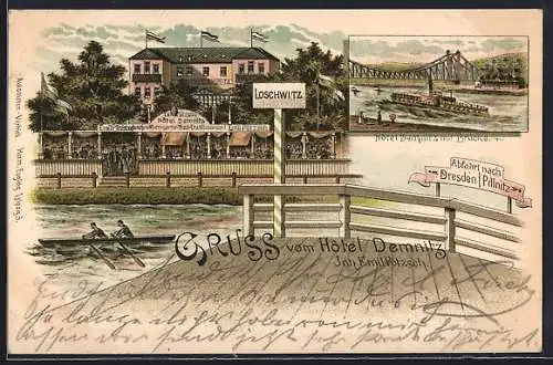 Lithographie Loschwitz, Hotel Demnitz und Abfahrt nach Dresden-Pillnitz, Brücke mit Dampfer